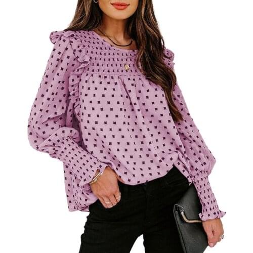 Women Ruffled Chiffon Blouse Long Sleeve Autumn New Geometric Print Shirts Lady Office Top Blouses Women Chiffons Cothing 2021