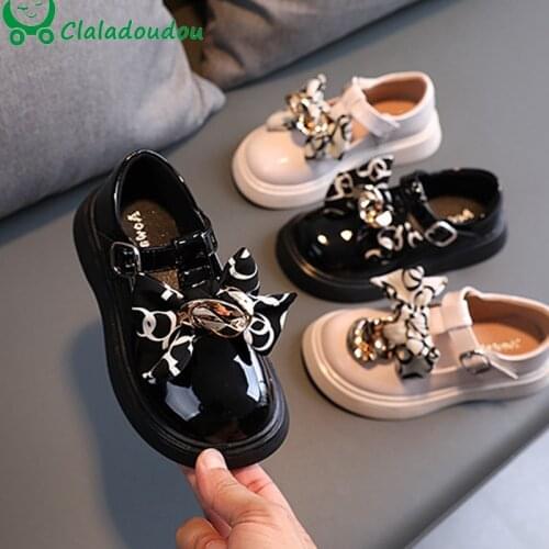 14-19cm Brand Patent Leather Girls School Shoes,Cute Lace Butterfly-knot Kids Girl Autumn Strap Flats Shoes For Children Womon