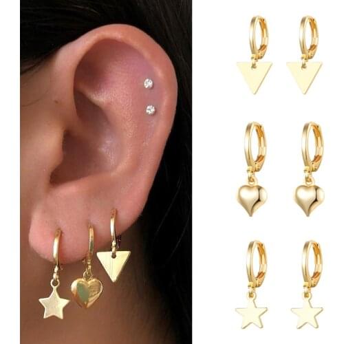 CRMYA New Set Cute Star And Moon Small Mini Pendant Gold Silver Plated Hoop Earrings For Women Part Wedding Jewelry