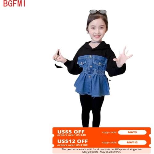 Teen Girls Denim Jacket+pants Set Kid Fashion Jeans Coat Fall Children Hoodie Clothes Patchwork Girl Outerwear Clothing 4-12 Yrs