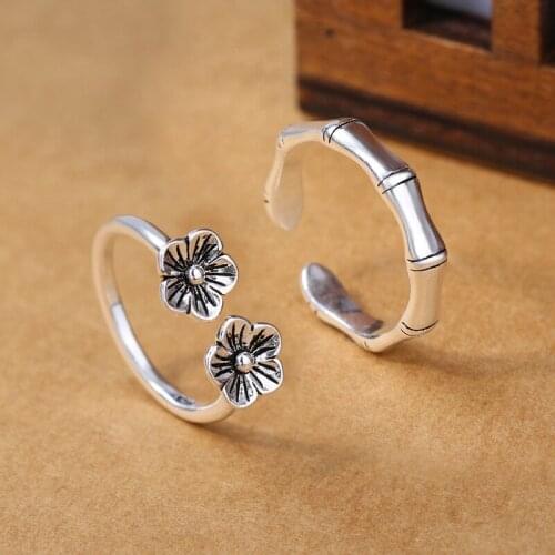 Gothic Antique Silver Color Adjustable Open Size Plum Flower and Bamboo Rings for Women Men Lovers Wedding Jewelry Gift ER1154