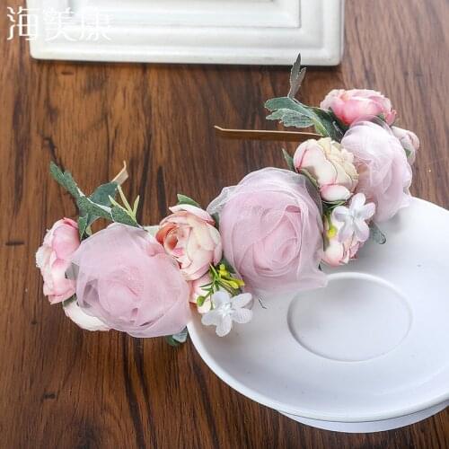 Haimeikang 2021 Fashion Silk Flower Girl Hair Accessories Wedding Fabric Flower Crown Headband Pink Romantic Bride Hairbands