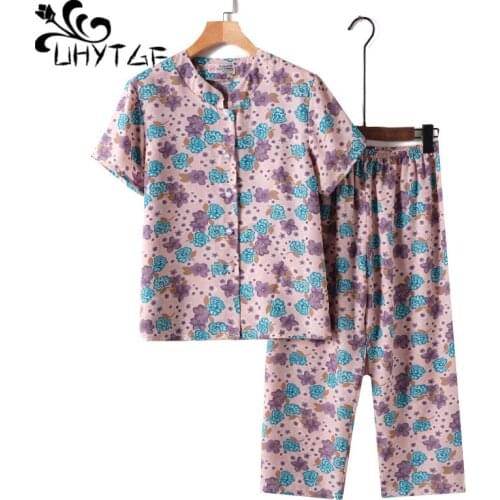 UHYTGF Short-Sleeved 3XL Plus Size Suit Womens Fashion Print Middle-Aged Elderly Thin Summer Two-Piece Set Female Tracksuit 2079