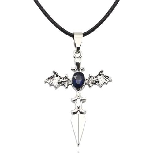 2020 Creative Fashion Enamel Cross Sword Necklace Angel Demon Wing Men Charm Leather Rope Collar Jewelry Hot Sale