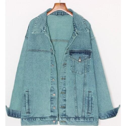 Mid Length Light Green Denim Jacket Women Spring Korean Fashion Loose Outerwear Long sleeve Jeans Jacket Coat Female Streetwear