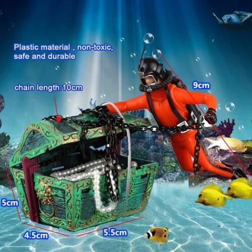 Landscape Aquarium Decor Aquarium Floating Diver Ornament with Moving Treasure Chest Floating Diver Bubble Action