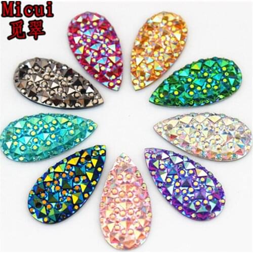 Micui 100PCS 10*20mm Crystal AB Resin Rhinestones Flat Back Beads Drop Shape Sew On 2 Hole For Clothes Dress Crafts ZZ706