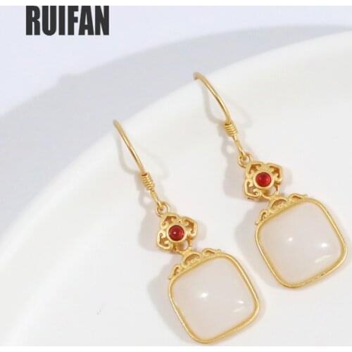 Fashion Square White Natural Jade Stone Hook Dangle Gold 925 Sterling Silver Womens Earrings 2020 Trendy Fine Jewelry YEA476