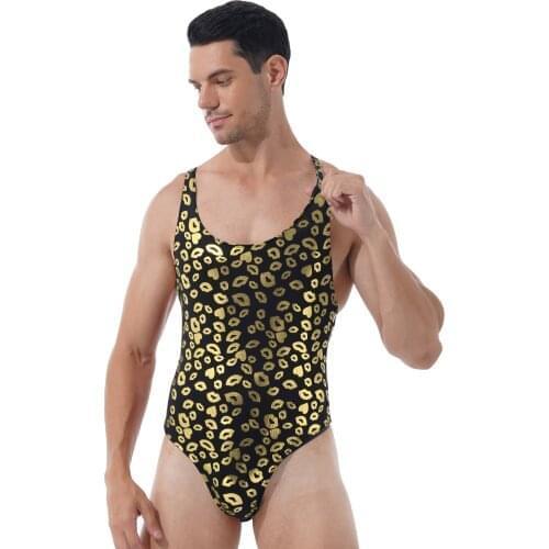 Mens Fashion Lip/ Skull Print Bodysuit Underwear Hight Cut Thongs Lingerie Round Jumpsuit Neck Sleeveless One-piece Swimsuit