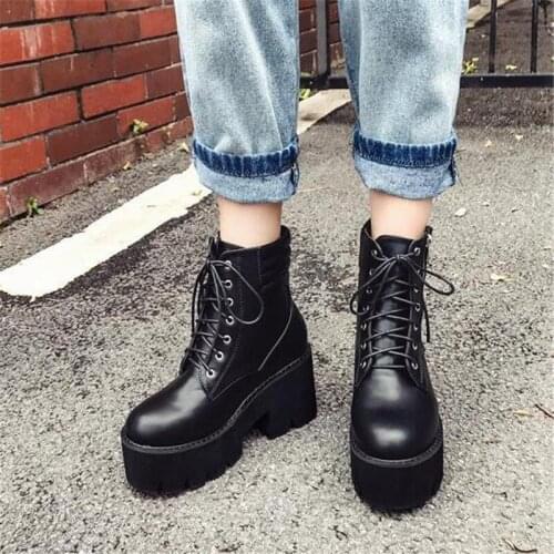 Wholesale Autumn Ankle Boots For Women Motorcycle Boots Chunky Heels Casual Lacing Round Toe Platform Boots Shoes Female