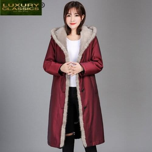 Rex Rabbit Fur Real Liner Parka Thick Warm Winter Coat Women Long Real Fur Jacket Natural Mink Fur Hooded Clothes LW1491