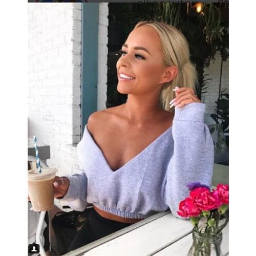 Sexy Deep-V Neck Off Shoulder Street Wear Women Autumn Crop Hoodies Long Sleeve Casual Female Sweatshirts