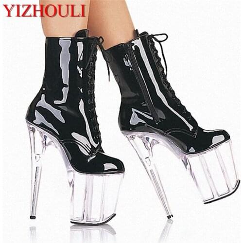 20 cm sexy womens super high heels.Side zipper lace-up ankle boots, transparent soles model pole dancing performance boots