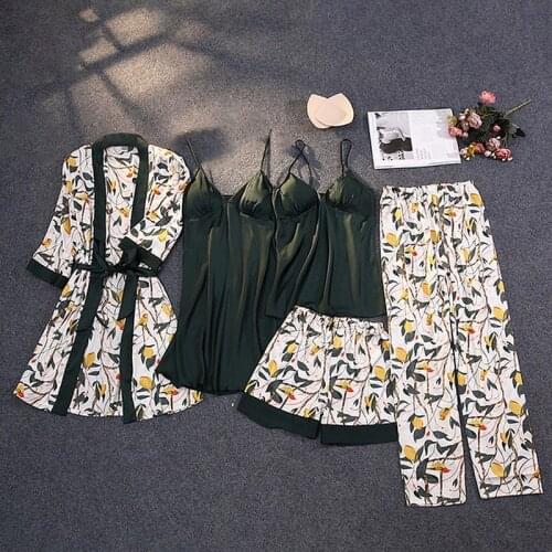 2020 Winter Autumn Women Satin Pyjama Set Sexy Silk Pajama Sleepwear Night Suits Soft Nightwear Home Clothes With Chest Pads