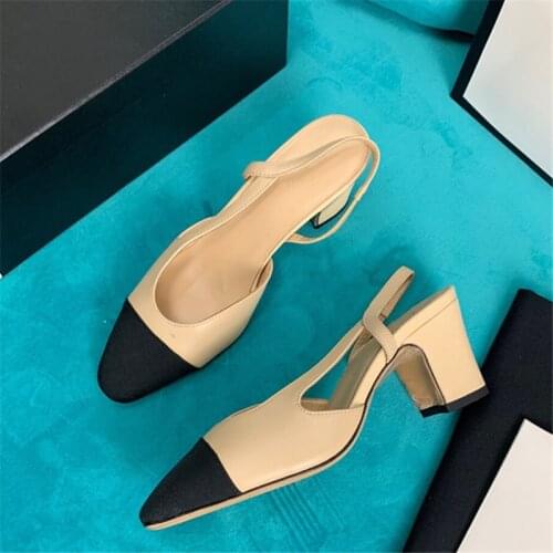 Luxury Brand Slingback Women Shoes Block High Heels Women Pumps Two Tone Sandalias Mujer Leather Begie Black Zapatos De Mujer