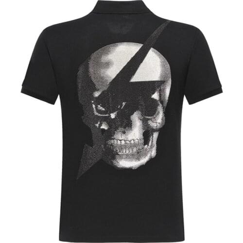 Men Polo Shirt Men Short Sleeve High Quality Cotton Street Casual Tops 3D Rhinestone Skull Print Plein Polo Shirt Streetwear