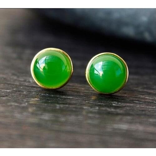 Beautiful Jade ear studs natural ice bottomold green Hetian jade 925 silver earrings free shipping