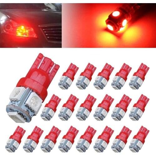 20Pcs Red T10 W5W 5050 5SMD 168 194 192 DC 12V License Plate Led Bulbs For Car Interior Lights Reading Light Trunk Light Bulb
