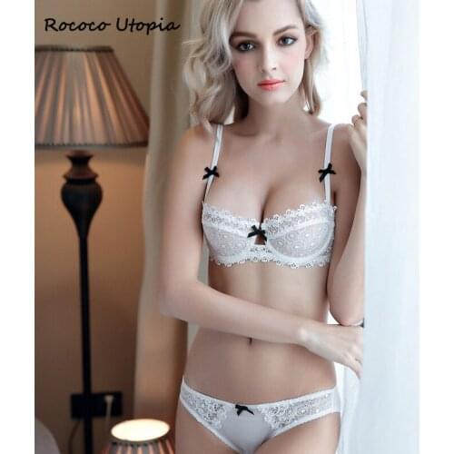 Ultrathin Underwear Lace transparent sexy bra set women plus size Half Cup bra and panty sets C cup brassiere white lingerie set