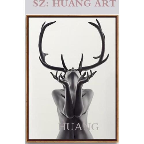 Artist Handmade High-quality Sexy women head antlers Painting modern style Square oil painting living room bedroom paintings
