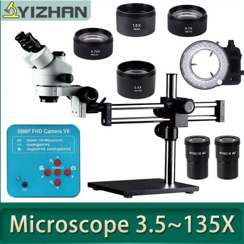 YIZHAN 3.5-135X Continuous Zoom Trinocular Stereo Microscope Stand Lens With 38MP HDMI USB Camera 4 lens for Repair Mobile Phone