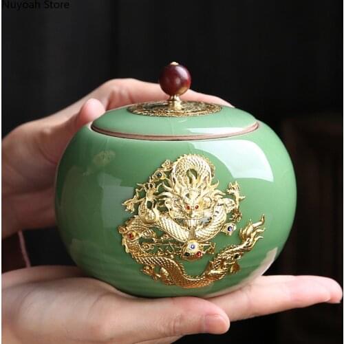 Green Round Ceramic Airtight Jar Handcraft Tea Airtight Jar Household 500ML Storage Box/living Room Coffee Table Decoration
