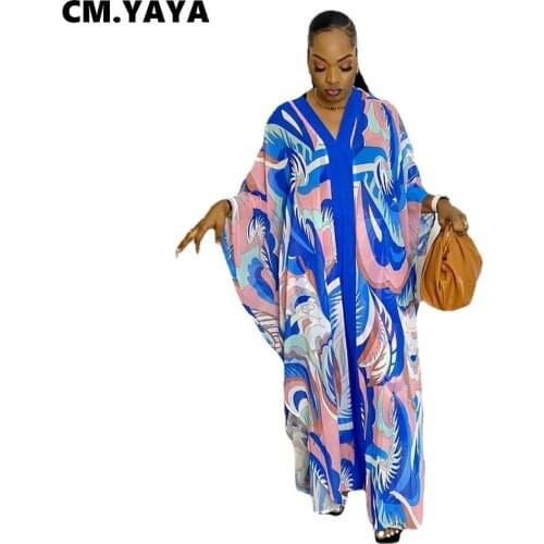 CM.YAYA Women Set Chiffon Print Full Batwing Sleeve V-neck X-long Tops Wide Leg Pants Two 2 Piece Sets Fashion Outfits Summer