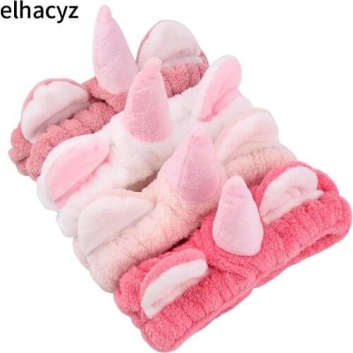 1PC Cute Pink Soft Coral Fleece Unicorn Headband Chic Elastic Hair Band Women Girls Wash Face Headwear Makeup Hair Accessories