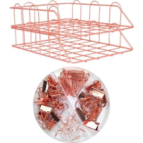 2Pcs Metal Stackable File Document Letter Tray & 1 Set Binder Clips Paper Clips Push Pins Sets with Box