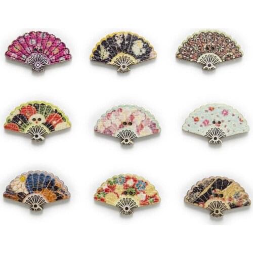 30pcs Japanese-style Fan Wood Buttons Sewing Scrapbooking Clothing Headwear Handmade Crafts Home Decor Accessories DIY 30x20mm