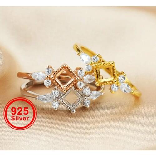 4MM Square Ring Settings vintage Style Solid 925 Sterling Silver Rose Gold Plated DIY Adjustable Ring Bezel for Gemstone 1294229