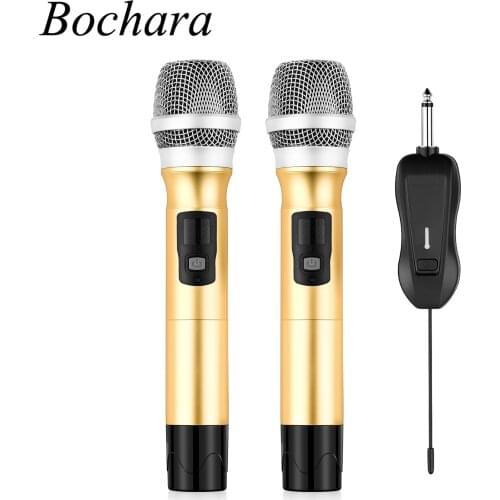 Bochara UHF Dual Handheld Wireless Microphone Dynamic Mic Set one Receivers+2 Transmitter For Karaoke Amplifier PA System