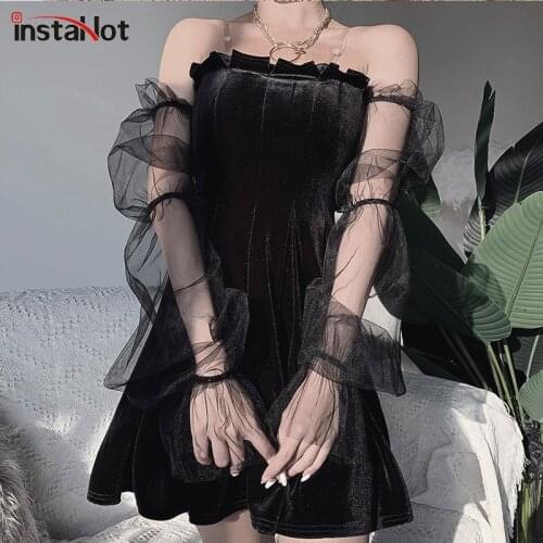 InstaHot Black Mesh See -through Puff Sleeve Pleated Dress Gothic Slash Neck Ladies Mini Pleater Lolita Dress Party Velvet Dress