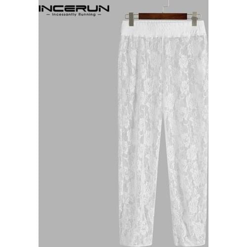 Men Mesh Pants Lace Transparent Streetwear Elastic Waist Breathable Sexy Trousers Men Party Pantalones Hombre Homewear INCERUN
