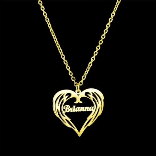 Personalized Customized Feather Heart Custom Stainless Steel Name Mirror Surface Necklaces Nameplates For Women Gifts Wholesale