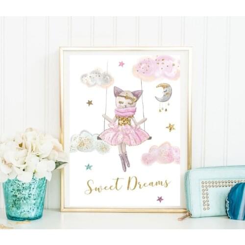 Sweet Dreams Poster and Prints Cat Girls Room Poster Canvas Painting Wall Pictures For Room Decorative Bible Print Nursery Kids