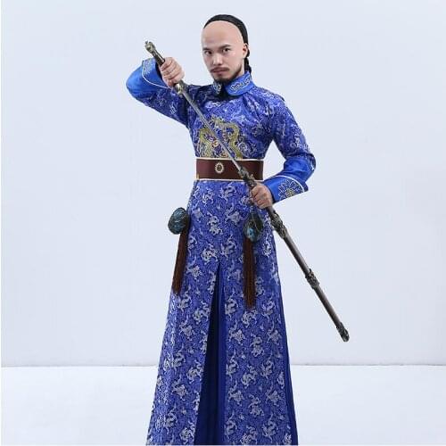 New arrival Chinese ancient costume male film performance wear blue embroidered dragon brocade the Qing dynasty prince clothes