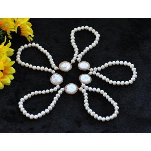 P7564 46" 23mm White Black CZ coin & Round Pearl Necklace