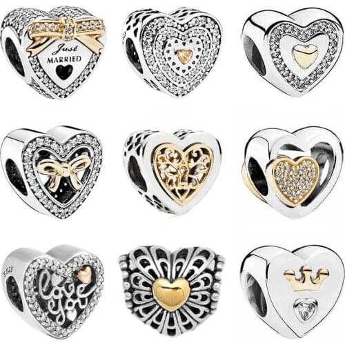 QANDOCCI Gold Color Locked Wedding Joined Together Always in My Heart Charm Fit Pandora Bracelet 925 Sterling Silver Jewelry