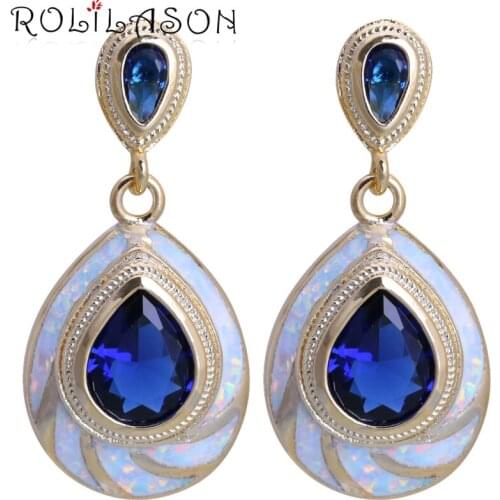 ROLILASON Water drop design blue crystal White Fire Opal yellow gold color Drop Earrings for women JES1144