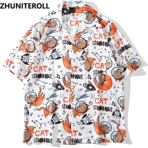 Hip Hop Shirt Streetwear Men Cartoon Cat Print Hawaiian Beach Shirt Harajuku Short Sleeve Summer Vintage Aloha Shirt Clothing