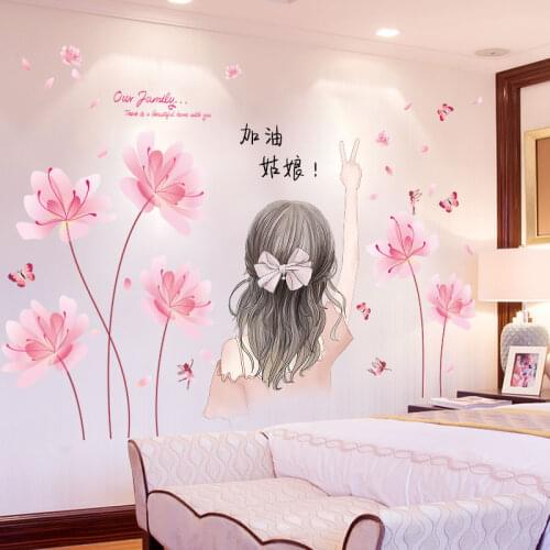 [shijuekongjian] Cartoon Girl Wall Stickers DIY Pink Flowers Plant Wall Decals for House Living Room Kids Bedroom Decoration