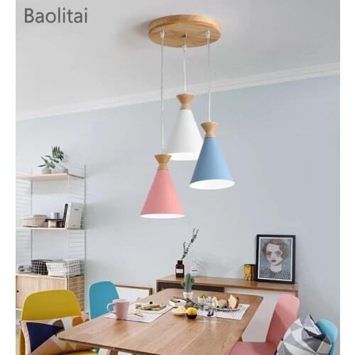 Modern Nordic Pendant Lights Led E27 Colorful Iron Wooden Kitchen Restaurant Home Decoration Hanging Lamp