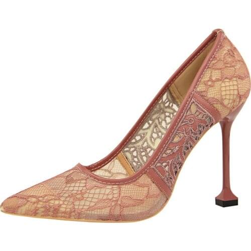 Summer fashion women pumps Fine with 10CM High heel Shallow mouth Pointed Mesh Lace Hollow women shoes BIGTREE