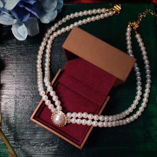 HUANZHI 2020 Vintage Elegant Banquet Short Section Double Pearl Necklace Round Pendant Clavicle Chain For Women Party Jewelry