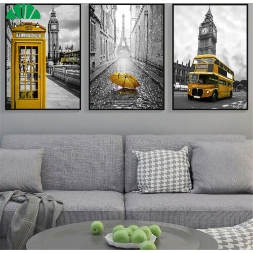 Vintage Poster Nordic Yellow Car Bus Telephone Pairs London Black and White Walk Street Way Wall Pictures Living Room Decoration