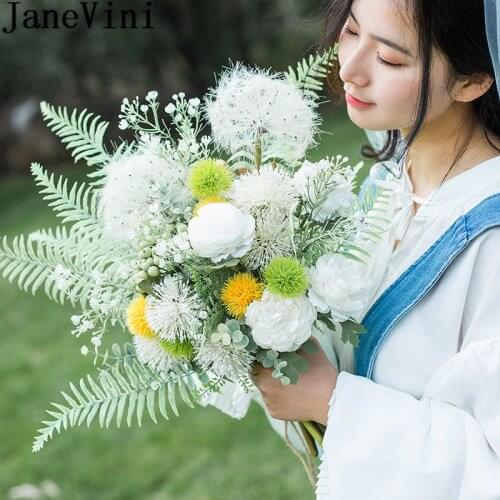 JaneVini 2019 Vintage Wedding Flowers Bridal Bouquet Asymmetrical White Dandelion Green Leaf Bride Bouquet Handle Trouw Boeket