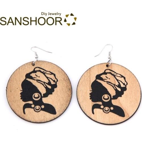 SANSHOOR 6cm AFRO Carved Headwrap Woman Wood Earrings Black Wooden Colors Halloween Jewelry For Women Christmas Gifts 1 Pair
