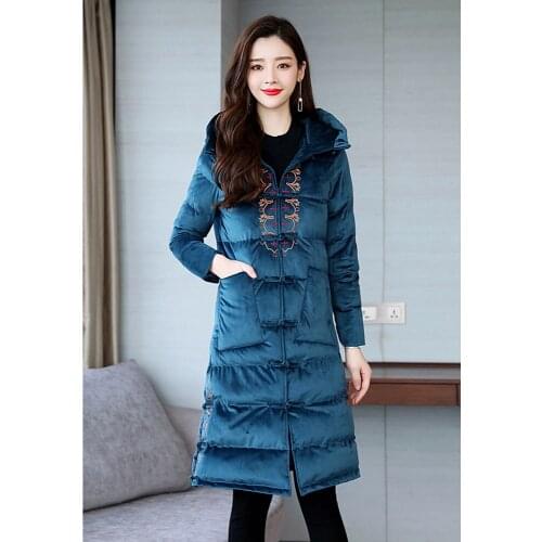 Retro Ethnic Style Down Cotton Padded Jackets Womens Long Section 2018 Winter New Style Gold Velvet Hooded Cotton Coat Over