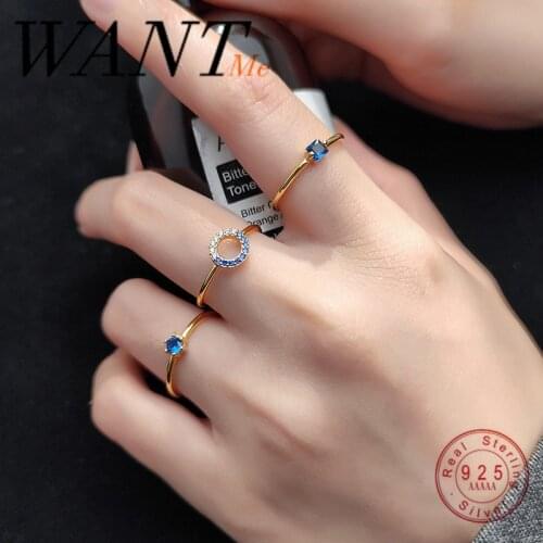 WANTME Korean Chic Round Square Blue Zircon Finger Open Ring for Women Real 925 Sterling Silver Geometric Circle Fashion Jewelry